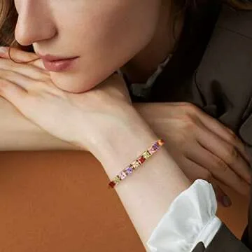 Esbbela Tennis Bracelet for Women Colorful Square Cut 4mm Cubic Zirconia Artificial Diamond Rainbow Tenni Bracelet 14K Gold Size 7.5 inch