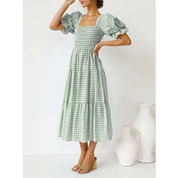 ZESICA Women's Bohemian Summer Plaid Square Neck Puff Sleeve Ruffle Flowy Beach Midi Dress,Green,X-Small