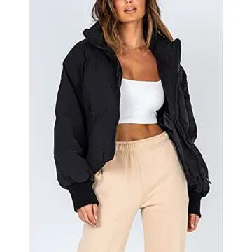 Lianlive Womens Cropped Puffer Jacket Oversized Black Short Puffy Winter Coat (Black-L)