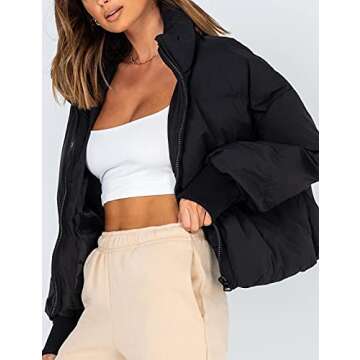 Lianlive Womens Cropped Puffer Jacket Oversized Black Short Puffy Winter Coat (Black-L)