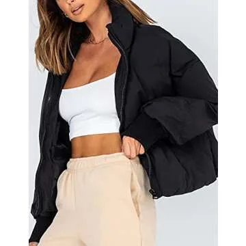 Lianlive Womens Cropped Puffer Jacket Oversized Black Short Puffy Winter Coat (Black-L)