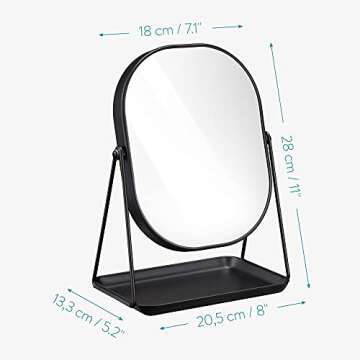 Navaris Vanity Mirror with Tray - Table Top Mirror with Metal Stand and Storage - 7" x 9" Mirror Size - For Makeup, Tabletop, Desk - Black Finish