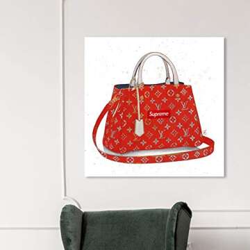 The Oliver Gal Artist Co. Fashion and Glam Wall Art Canvas Prints 'Doll Memories-Details Bag Square Urban' Handbags Home Décor, 36" x 36", Red, White