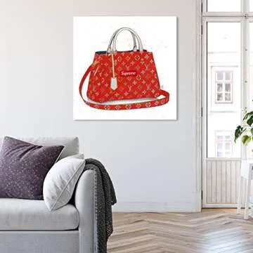 The Oliver Gal Artist Co. Fashion and Glam Wall Art Canvas Prints 'Doll Memories-Details Bag Square Urban' Handbags Home Décor, 36" x 36", Red, White