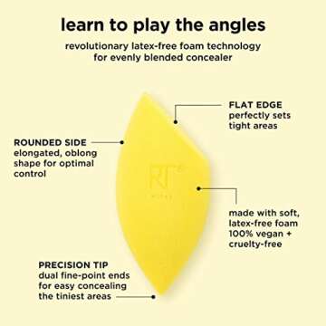 Real Techniques Miracle Concealer Sponge, Makeup Blending Sponge For Liquid & Cream Concealer, Elongated Shape For Precise Application Under Eyes & Tight Areas, Yellow, Latex-Free Foam, 2 Count