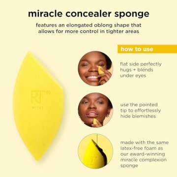 Real Techniques Miracle Concealer Sponge, Makeup Blending Sponge For Liquid & Cream Concealer, Elongated Shape For Precise Application Under Eyes & Tight Areas, Yellow, Latex-Free Foam, 2 Count