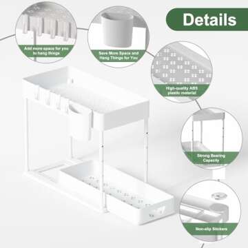 seasky Under Sink Organizers and Storage 2 Pack, 2 Tier Adjustable Height Sliding Bathroom Organizer, Kitchen Organizer Multipurpose Under Sink Cabinet Storage with 8 Hooks and 2 Hanging Cup