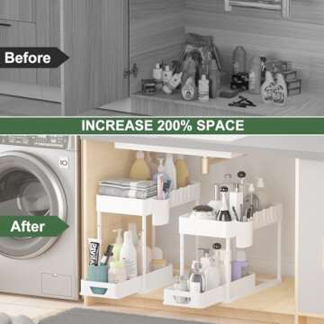 seasky Under Sink Organizers and Storage 2 Pack, 2 Tier Adjustable Height Sliding Bathroom Organizer, Kitchen Organizer Multipurpose Under Sink Cabinet Storage with 8 Hooks and 2 Hanging Cup