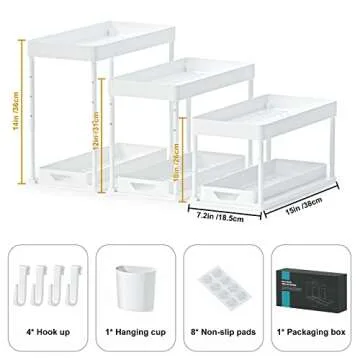 seasky Under Sink Organizers and Storage 2 Pack, 2 Tier Adjustable Height Sliding Bathroom Organizer, Kitchen Organizer Multipurpose Under Sink Cabinet Storage with 8 Hooks and 2 Hanging Cup