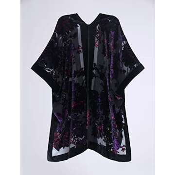 WeHello Women's Burnout Velvet Kimono Long Cardigan Cover Up Without Tassel (Black/Purple)…