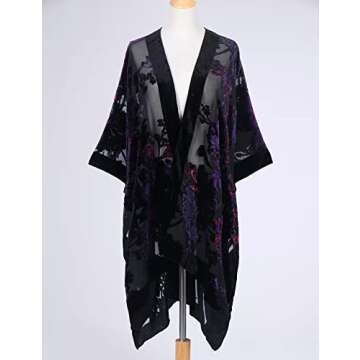 WeHello Women's Burnout Velvet Kimono Long Cardigan Cover Up Without Tassel (Black/Purple)…