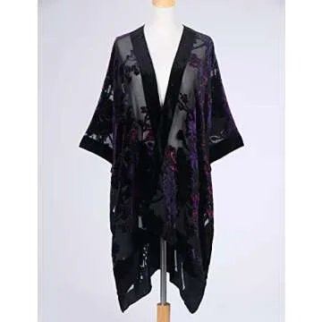 WeHello Women's Burnout Velvet Kimono Long Cardigan Cover Up Without Tassel (Black/Purple)…