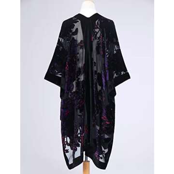WeHello Women's Burnout Velvet Kimono Long Cardigan Cover Up Without Tassel (Black/Purple)…