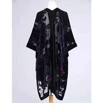 WeHello Women's Burnout Velvet Kimono Long Cardigan Cover Up Without Tassel (Black/Purple)…