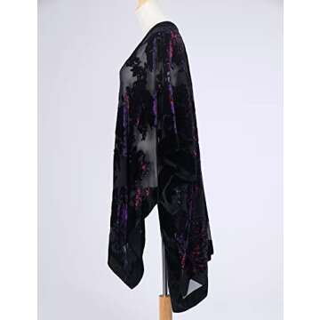 WeHello Women's Burnout Velvet Kimono Long Cardigan Cover Up Without Tassel (Black/Purple)…
