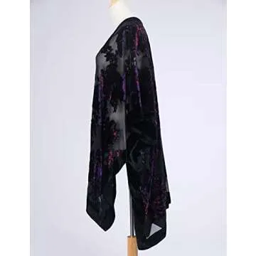 WeHello Women's Burnout Velvet Kimono Long Cardigan Cover Up Without Tassel (Black/Purple)…