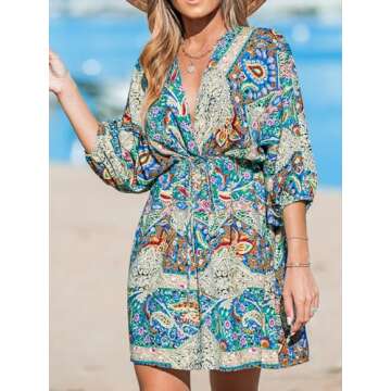 CUPSHE Women Casual Boho Sundress Summer Floral Print Tie Front Dress 3/4 Sleeves Paisley Beach Mini Dresses