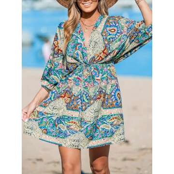 CUPSHE Women Casual Boho Sundress Summer Floral Print Tie Front Dress 3/4 Sleeves Paisley Beach Mini Dresses