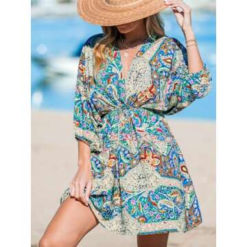CUPSHE Women Casual Boho Sundress Summer Floral Print Tie Front Dress 3/4 Sleeves Paisley Beach Mini Dresses