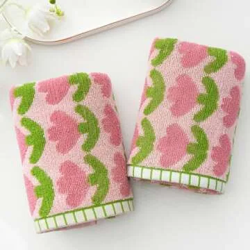 YiLUOMO Pink Hand Towel Set of 2 Super Soft 100% Cotton Tulips Pattern Quick Dry Highly Absorbent Bathroom Hand Towels 13 x 29 Inch