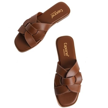 Capone Outfitters Lauren Women's Banded Flat Sandal Slip On (Tan, US Footwear Size System, Adult, Women, Numeric, Medium, 7.5)