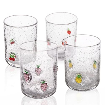G Hand Blown Drinking Glasses, Bubble Cute Fruit Glasses,Stereoscopic Designs Grapes, Pineapples, Cherries, Strawberry Juice Glasses Set of 4, 15.4 oz For Coffee,Tea Soda, Milke, Cocktail, Old Fashion