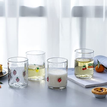 G Hand Blown Drinking Glasses, Bubble Cute Fruit Glasses,Stereoscopic Designs Grapes, Pineapples, Cherries, Strawberry Juice Glasses Set of 4, 15.4 oz For Coffee,Tea Soda, Milke, Cocktail, Old Fashion