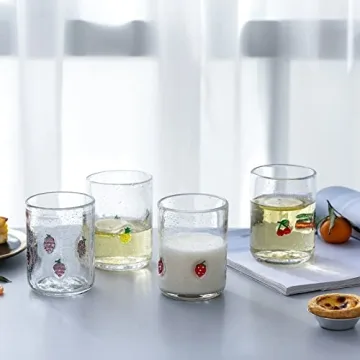 G Hand Blown Drinking Glasses, Bubble Cute Fruit Glasses,Stereoscopic Designs Grapes, Pineapples, Cherries, Strawberry Juice Glasses Set of 4, 15.4 oz For Coffee,Tea Soda, Milke, Cocktail, Old Fashion