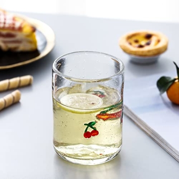 G Hand Blown Drinking Glasses, Bubble Cute Fruit Glasses,Stereoscopic Designs Grapes, Pineapples, Cherries, Strawberry Juice Glasses Set of 4, 15.4 oz For Coffee,Tea Soda, Milke, Cocktail, Old Fashion