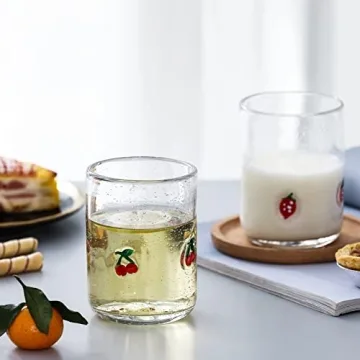 G Hand Blown Drinking Glasses, Bubble Cute Fruit Glasses,Stereoscopic Designs Grapes, Pineapples, Cherries, Strawberry Juice Glasses Set of 4, 15.4 oz For Coffee,Tea Soda, Milke, Cocktail, Old Fashion
