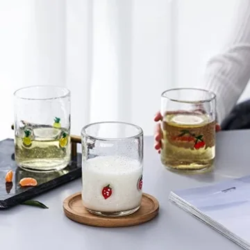 G Hand Blown Drinking Glasses, Bubble Cute Fruit Glasses,Stereoscopic Designs Grapes, Pineapples, Cherries, Strawberry Juice Glasses Set of 4, 15.4 oz For Coffee,Tea Soda, Milke, Cocktail, Old Fashion