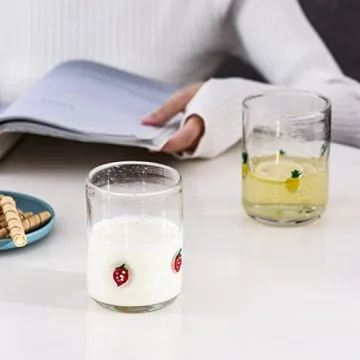 G Hand Blown Drinking Glasses, Bubble Cute Fruit Glasses,Stereoscopic Designs Grapes, Pineapples, Cherries, Strawberry Juice Glasses Set of 4, 15.4 oz For Coffee,Tea Soda, Milke, Cocktail, Old Fashion