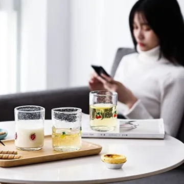 G Hand Blown Drinking Glasses, Bubble Cute Fruit Glasses,Stereoscopic Designs Grapes, Pineapples, Cherries, Strawberry Juice Glasses Set of 4, 15.4 oz For Coffee,Tea Soda, Milke, Cocktail, Old Fashion