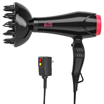 BERTA 1875W Professional Salon Hair Dryer - Fast, Ionic Blow Dryer, Styling Attachments