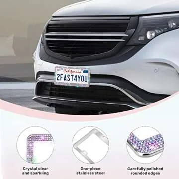 QUANQIUFEI 2 Pack Bling License Plate Frames, Sparkly Rhinestone Diamond Car License Plate Cover for Women, Stainless Steel Car Accessories with Glitter Crystal Caps (Colorful)