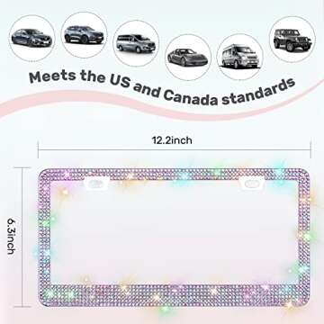 QUANQIUFEI 2 Pack Bling License Plate Frames, Sparkly Rhinestone Diamond Car License Plate Cover for Women, Stainless Steel Car Accessories with Glitter Crystal Caps (Colorful)