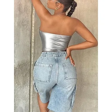 GORGLITTER Metallic Asymmetrical Tube Top for Trendy Style