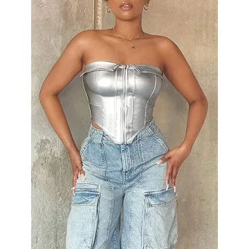 GORGLITTER Metallic Asymmetrical Tube Top for Trendy Style