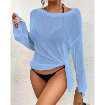 Bsubseach Crochet Swimsuit Coverup for Women Sheer Bathing Suit Cover Ups Kintted Swimwear Bikini Beach Vacation Outfits Sky Blue S