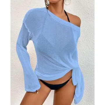 Bsubseach Crochet Swimsuit Coverup for Women Sheer Bathing Suit Cover Ups Kintted Swimwear Bikini Beach Vacation Outfits Sky Blue S