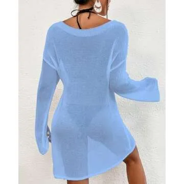 Bsubseach Crochet Swimsuit Coverup for Women Sheer Bathing Suit Cover Ups Kintted Swimwear Bikini Beach Vacation Outfits Sky Blue S