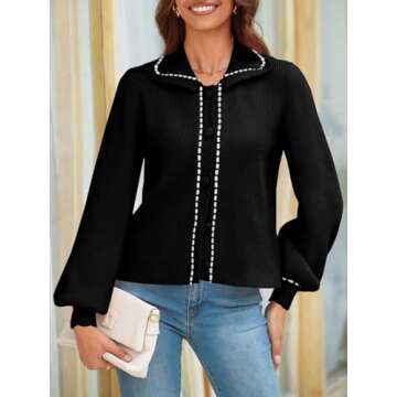 Saodimallsu Womens Puff Sleeve Cardigans 2024 Fall Babydoll Collared Button Loose Ribbed Knit Color Block Sweater Coats Black