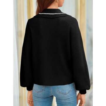 Saodimallsu Womens Puff Sleeve Cardigans 2024 Fall Babydoll Collared Button Loose Ribbed Knit Color Block Sweater Coats Black