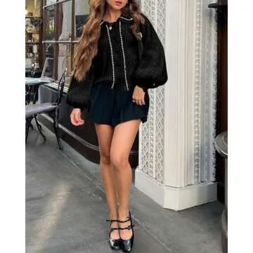 Saodimallsu Womens Puff Sleeve Cardigans 2024 Fall Babydoll Collared Button Loose Ribbed Knit Color Block Sweater Coats Black