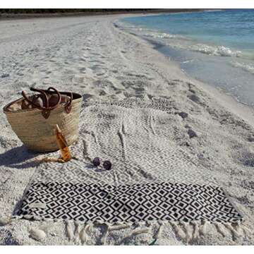 T&I Home Diamond Design 100% Cotton Turkish Beach Towel - Black, Quick Dry, Prewashed, Oversized (36x70) Decorative Bathroom Towel, Turkish Peshtemal Towel and Blanket for Spa, Gym, Pool, Yoga