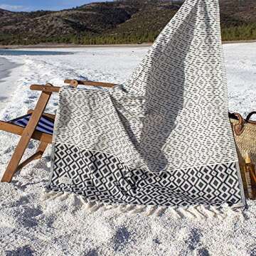 T&I Home Diamond Design 100% Cotton Turkish Beach Towel - Black, Quick Dry, Prewashed, Oversized (36x70) Decorative Bathroom Towel, Turkish Peshtemal Towel and Blanket for Spa, Gym, Pool, Yoga