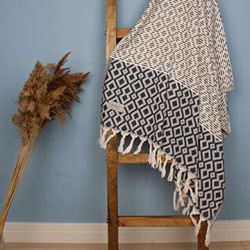 T&I Home Diamond Design 100% Cotton Turkish Beach Towel - Black, Quick Dry, Prewashed, Oversized (36x70) Decorative Bathroom Towel, Turkish Peshtemal Towel and Blanket for Spa, Gym, Pool, Yoga