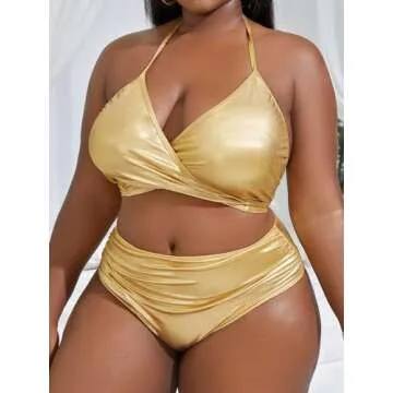 MakeMeChic Women's Plus Size 2 Piece Shiny Metallic Bikini Set Halter Triangle Swimsuit Bathing Suit Gold 1XL