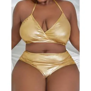 MakeMeChic Women's Plus Size 2 Piece Shiny Metallic Bikini Set Halter Triangle Swimsuit Bathing Suit Gold 1XL