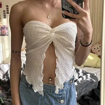 Meladyan Women Y2K Twist Slits Front Tube Top Sexy Strapless Texture Bandeau Top Sweetheart Neck Sleeveless Crop Tank Tops White